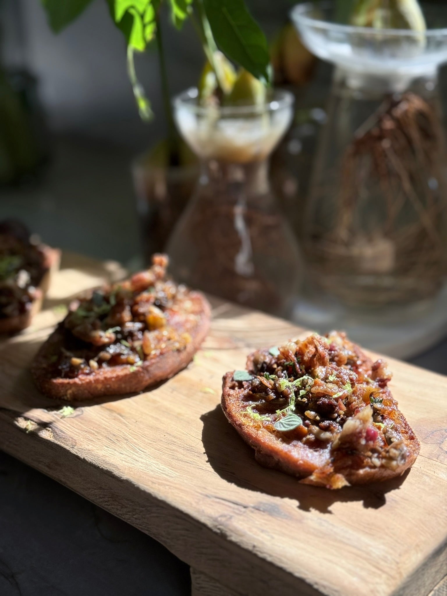 Oyster Mushroom Bruschetta with Date Purée and Seared Beef Fat