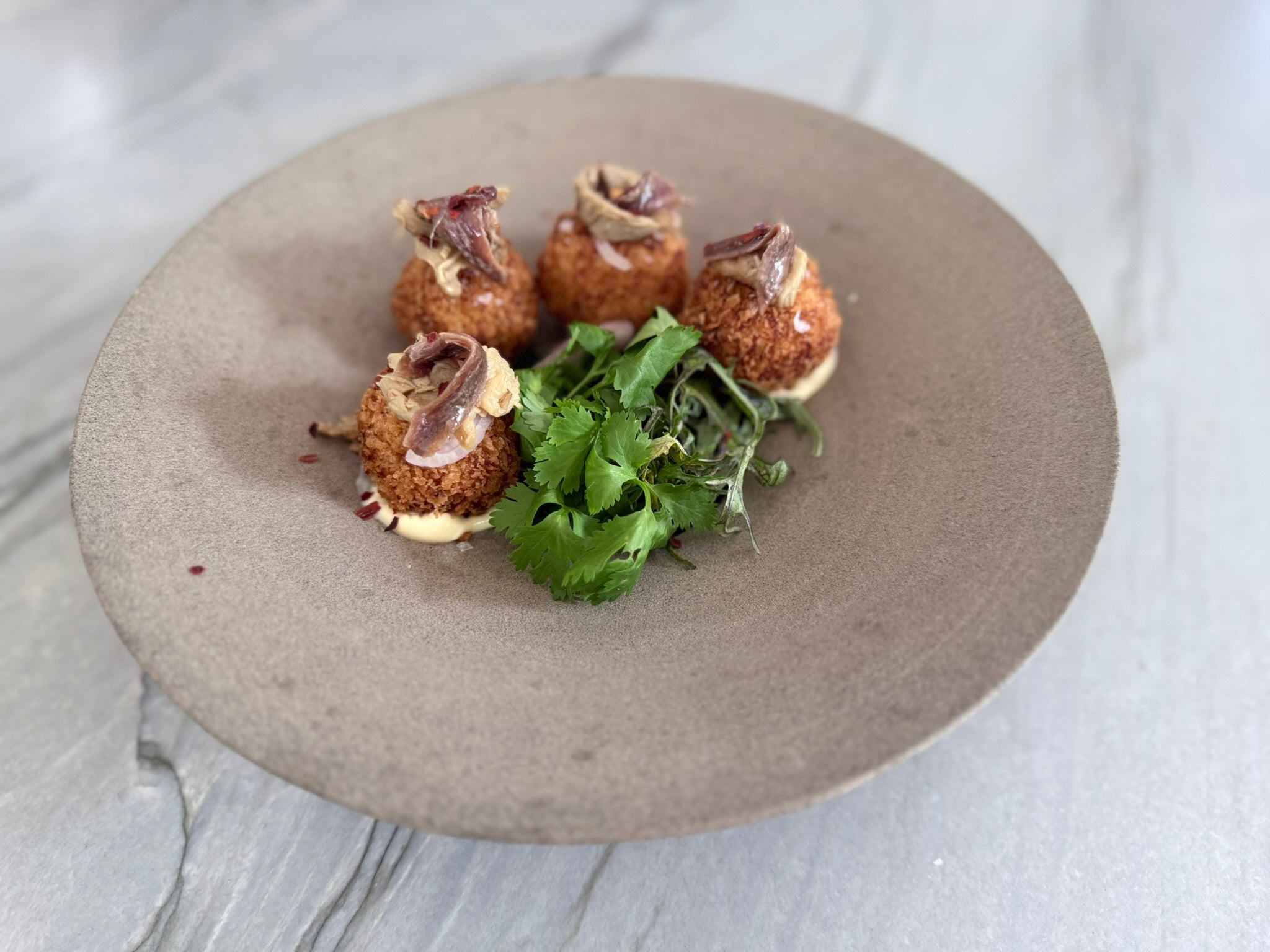 Potato Croquettes with Roasted Mushroom and Anchovy